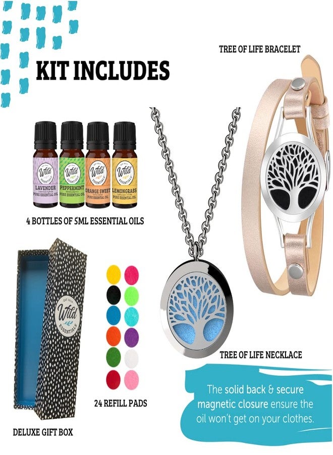 mEssentials Wild Essentials Tree of Life Necklace and Bracelet Diffuser Gift Box set with 4 essential oils and 24 color refill pads aromatherapy lavender, lemongrass, orange and peppermint oils, combination kit - Image 2